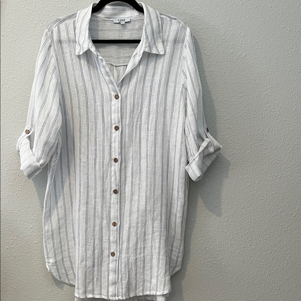 100% Linen Made in Italy
Striped Button-Up Tunic Shirt
Roll Tab Sleeves
Sz Large